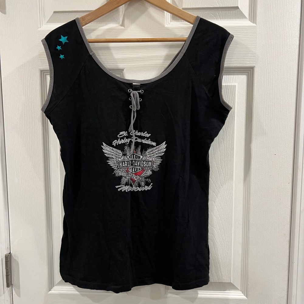 Harley-Davidson St Charles Missouri Lace Up Tank Top‎ Black Teal Winged Eagle XL